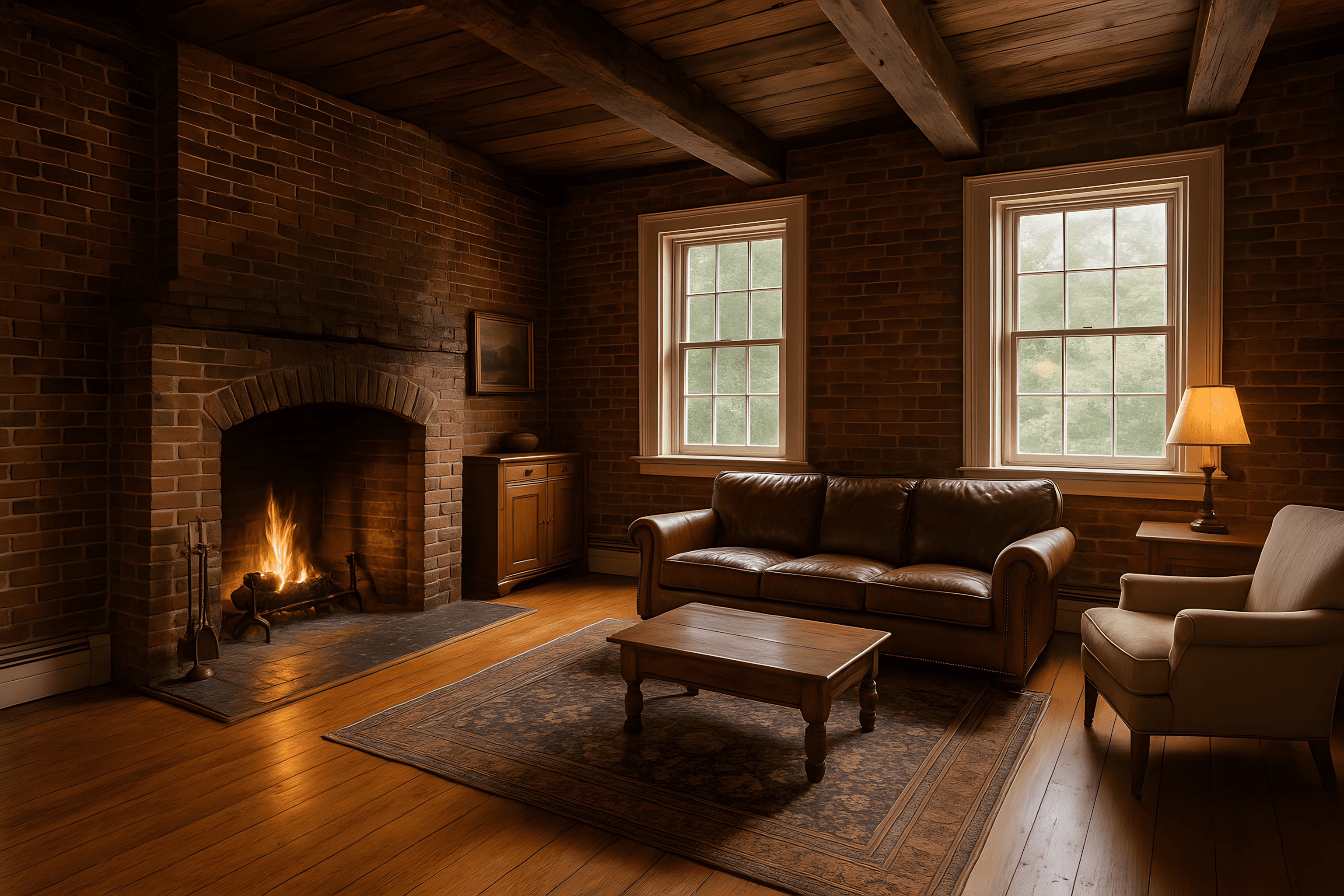 Cozy New England home interior featuring exposed red brick walls